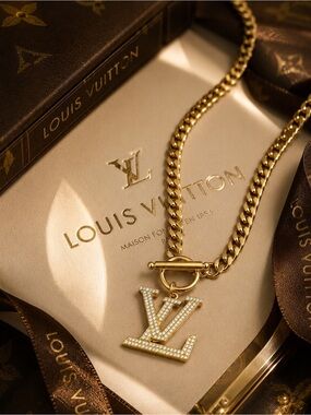 Louis Vuitton Gold-tone Chain Necklace with Crystal-Embellished LV Charm